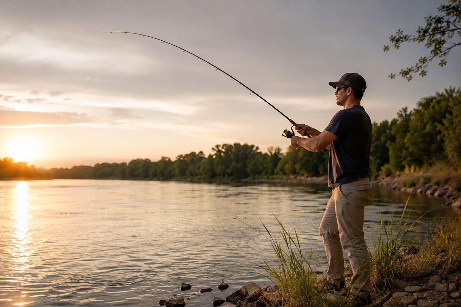 Casting a rod into the water as the sun sets over the pond